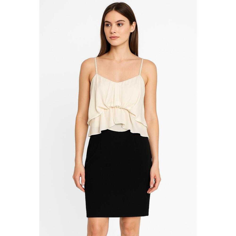 BCBGMAXAZRIA Dress Womens Size 4 Cream Black Sheath Strap Silk Ruffle Party Chic